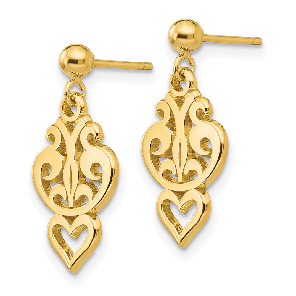 Alternate view of the Small Filigree Heart Dangle Post Earrings in 14k Yellow Gold by The Black Bow Jewelry Co.