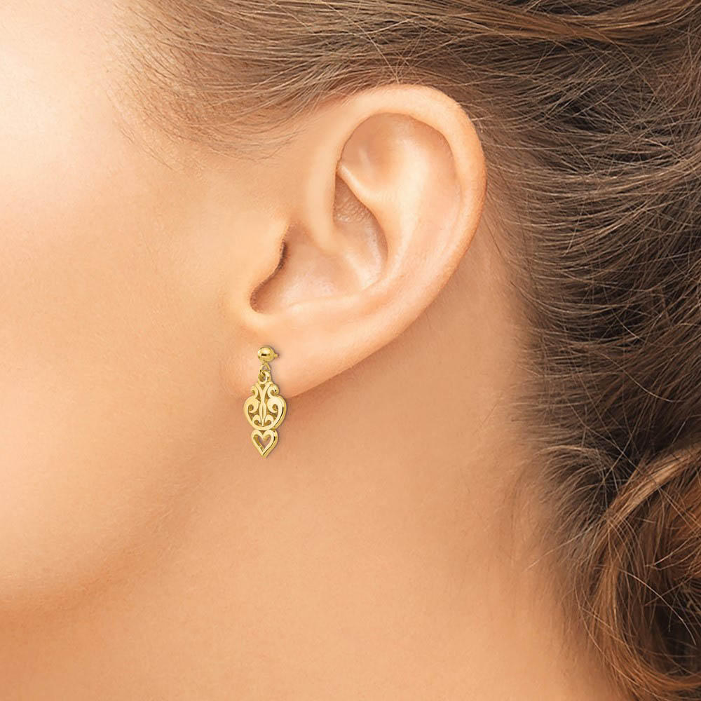 Alternate view of the Small Filigree Heart Dangle Post Earrings in 14k Yellow Gold by The Black Bow Jewelry Co.