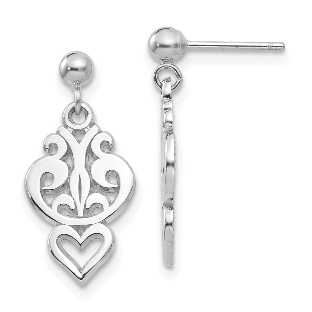 Small Filigree Heart Dangle Post Earrings in 14k White Gold, Item E10644 by The Black Bow Jewelry Co.