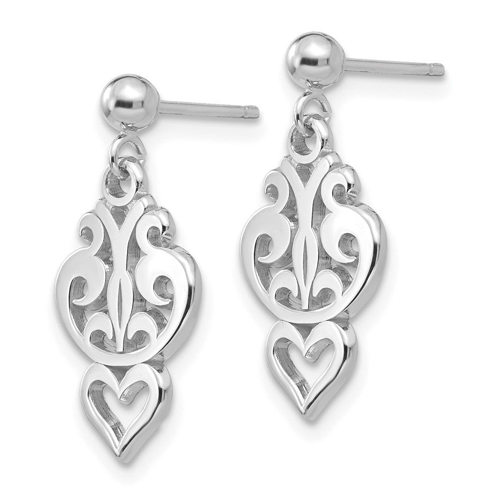 Alternate view of the Small Filigree Heart Dangle Post Earrings in 14k White Gold by The Black Bow Jewelry Co.