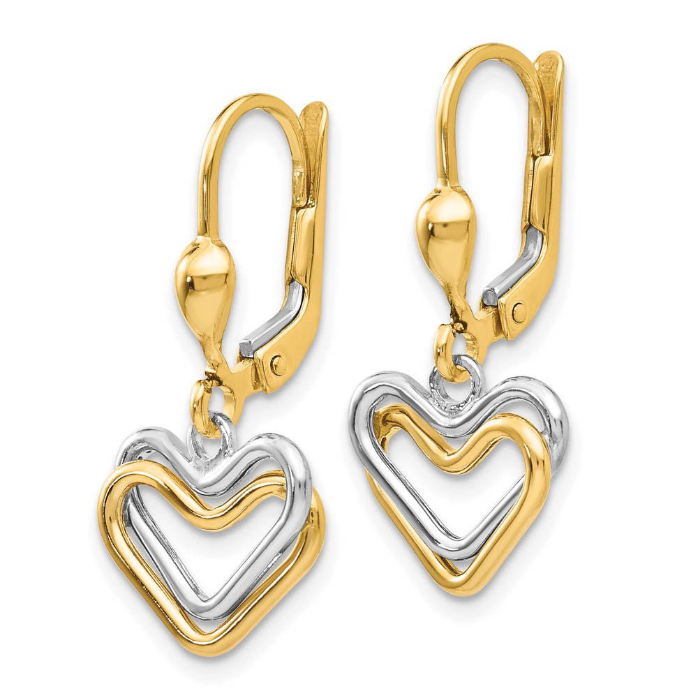 Alternate view of the Two Tone Double Heart Lever Back Earrings in 14k Gold by The Black Bow Jewelry Co.