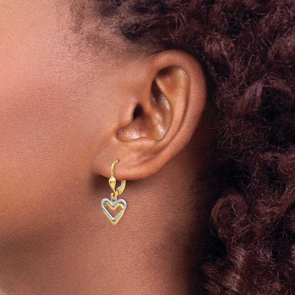 Alternate view of the Two Tone Double Heart Lever Back Earrings in 14k Gold by The Black Bow Jewelry Co.