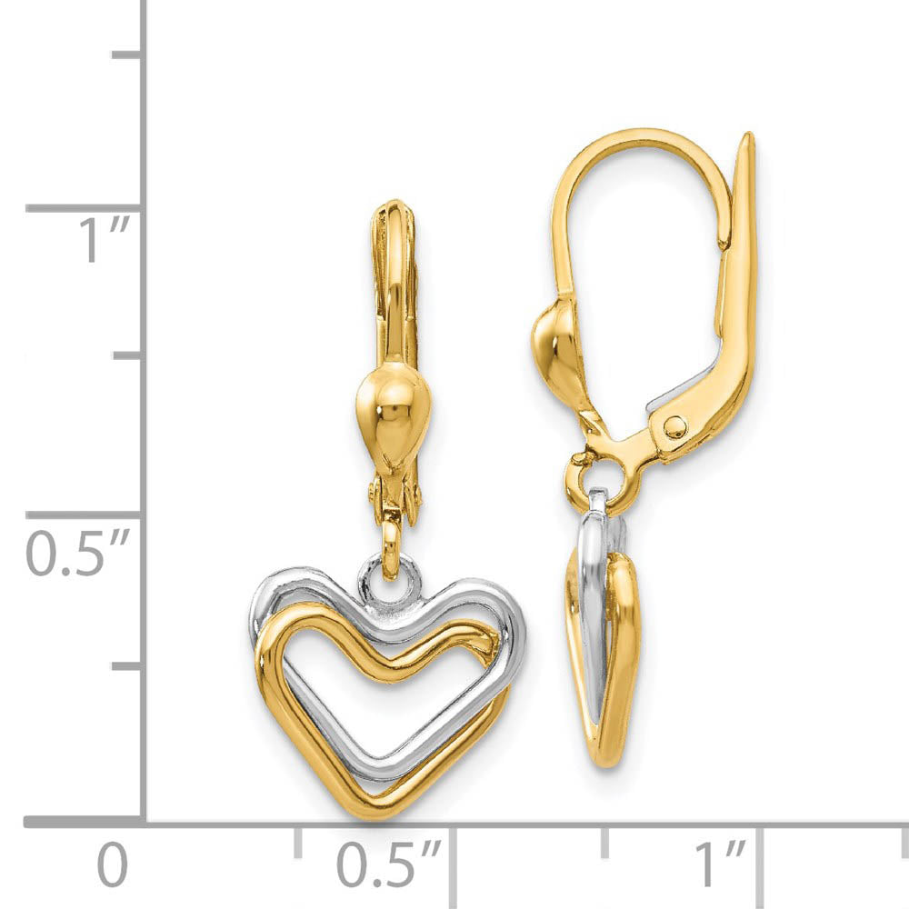 Alternate view of the Two Tone Double Heart Lever Back Earrings in 14k Gold by The Black Bow Jewelry Co.