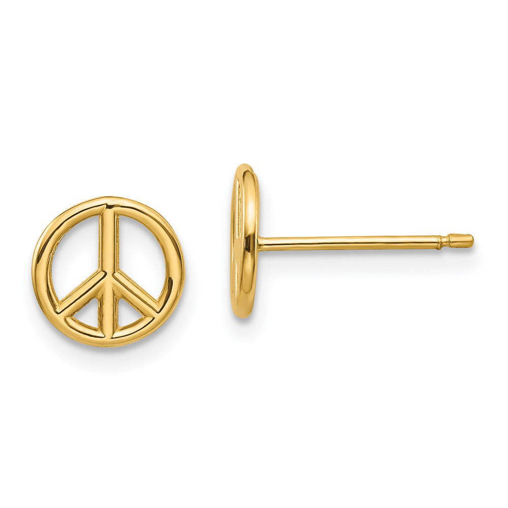8mm 3D Peace Sign Post Earrings in 14k Yellow Gold, Item E10653 by The Black Bow Jewelry Co.