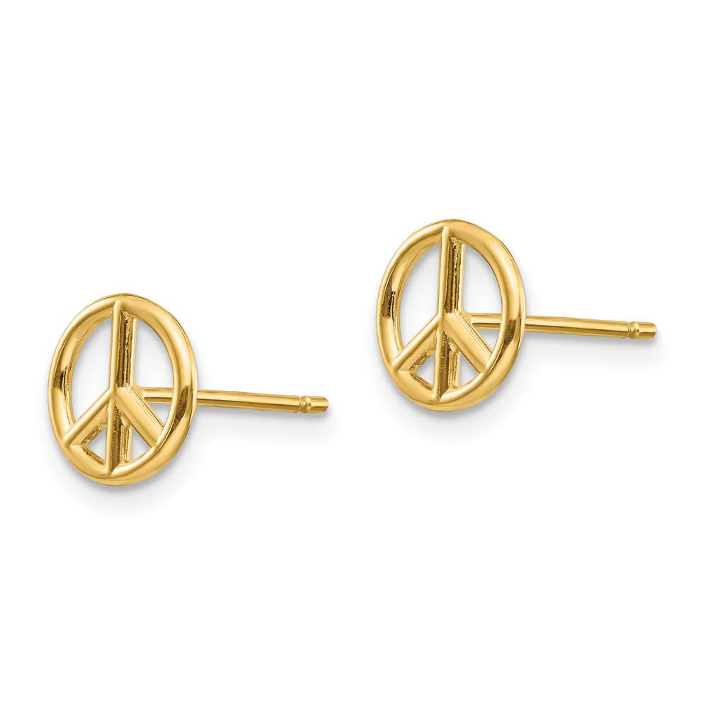 Alternate view of the 8mm 3D Peace Sign Post Earrings in 14k Yellow Gold by The Black Bow Jewelry Co.
