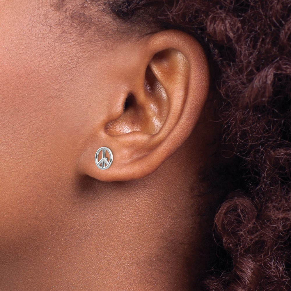 Alternate view of the 8mm 3D Peace Sign Post Earrings in 14k White Gold by The Black Bow Jewelry Co.