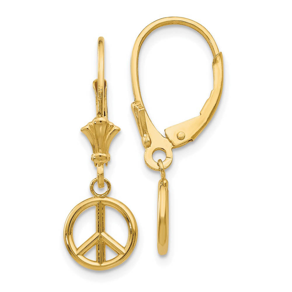8mm 3D Peace Sign Lever Back Earrings in 14k Yellow Gold, Item E10656 by The Black Bow Jewelry Co.