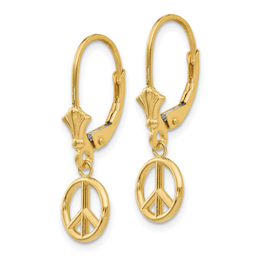 Alternate view of the 8mm 3D Peace Sign Lever Back Earrings in 14k Yellow Gold by The Black Bow Jewelry Co.