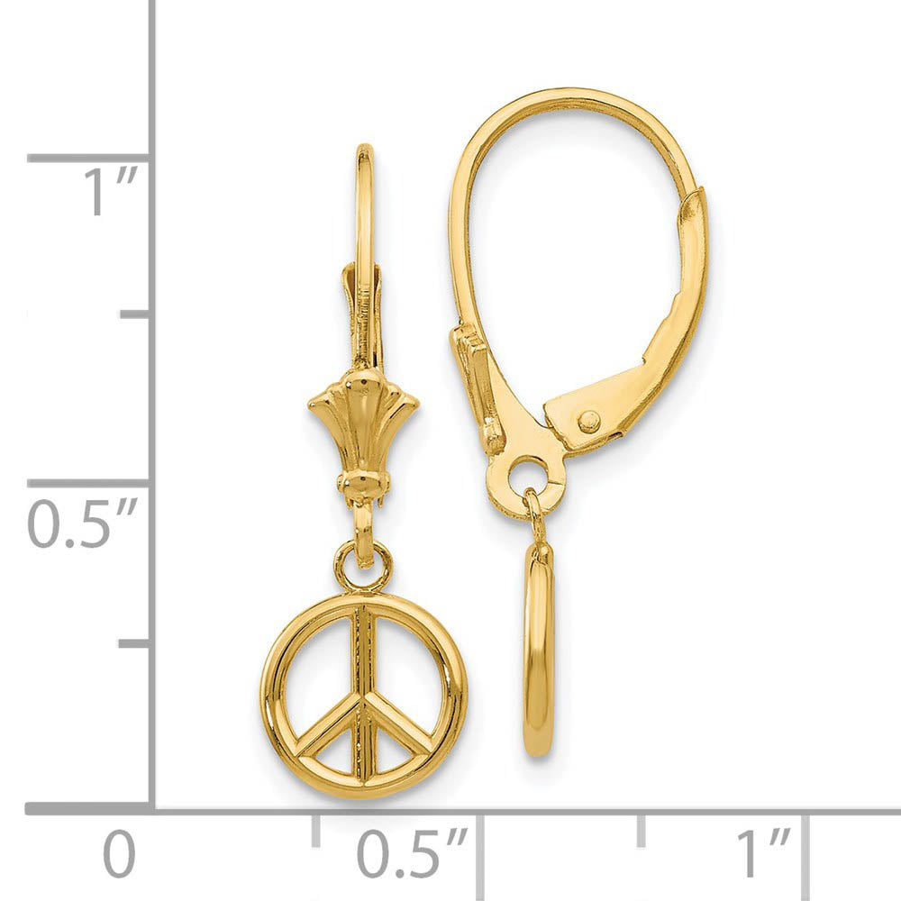 Alternate view of the 8mm 3D Peace Sign Lever Back Earrings in 14k Yellow Gold by The Black Bow Jewelry Co.