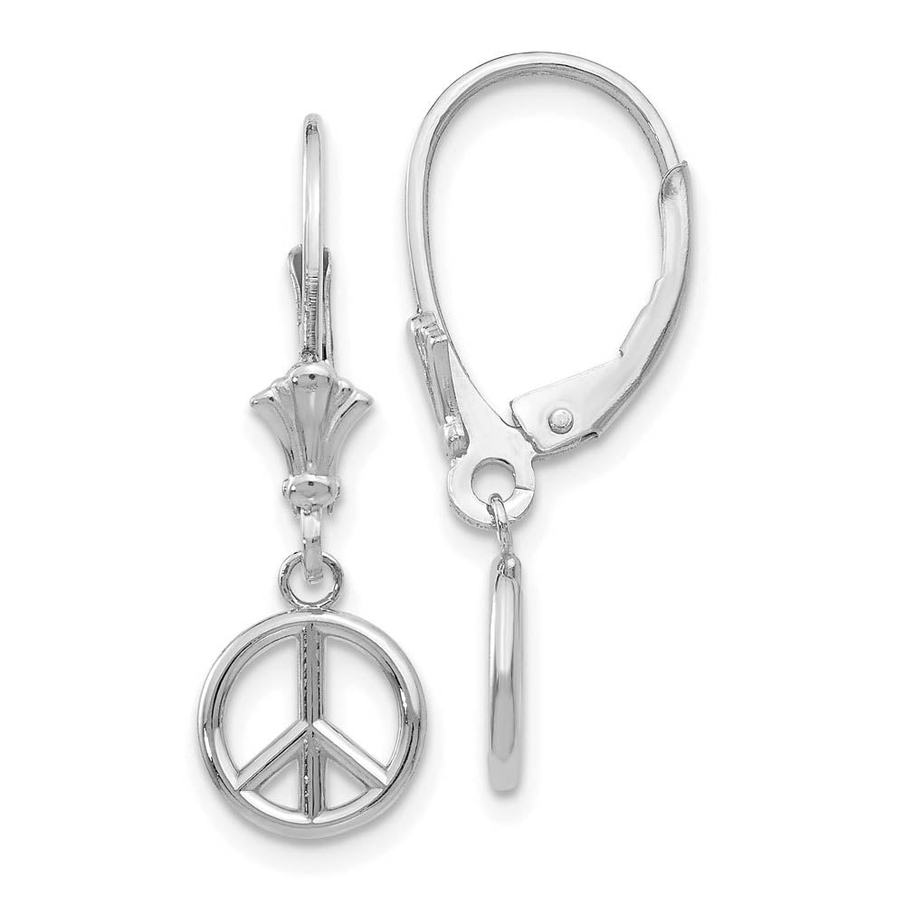 8mm 3D Peace Sign Lever Back Earrings in 14k White Gold, Item E10657 by The Black Bow Jewelry Co.