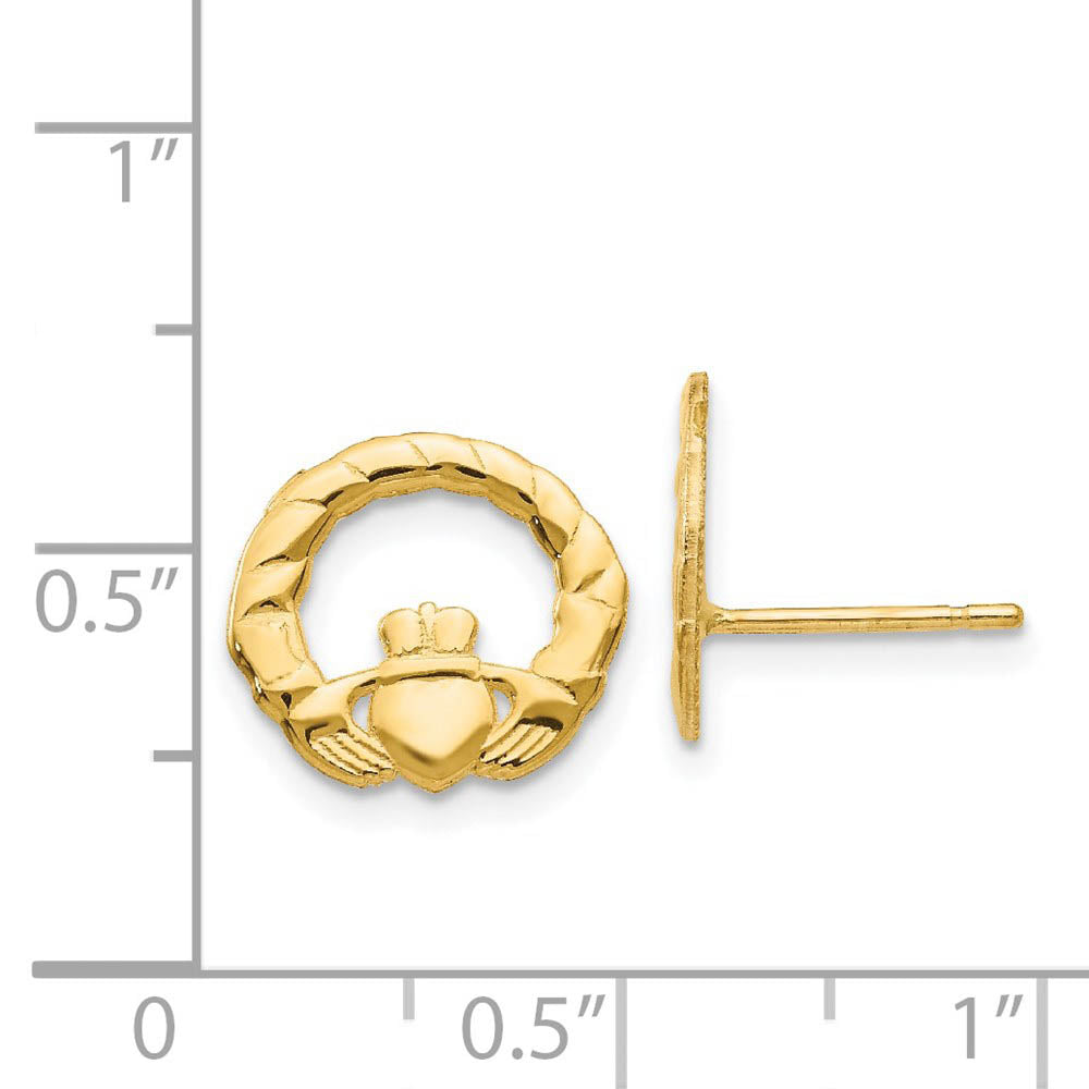 Alternate view of the 12mm Textured Claddagh Post Earrings in 14k Yellow Gold by The Black Bow Jewelry Co.