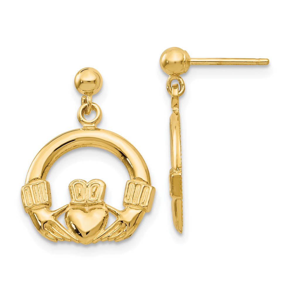 13mm Dangling Claddagh Post Earrings in 14k Yellow Gold, Item E10669 by The Black Bow Jewelry Co.
