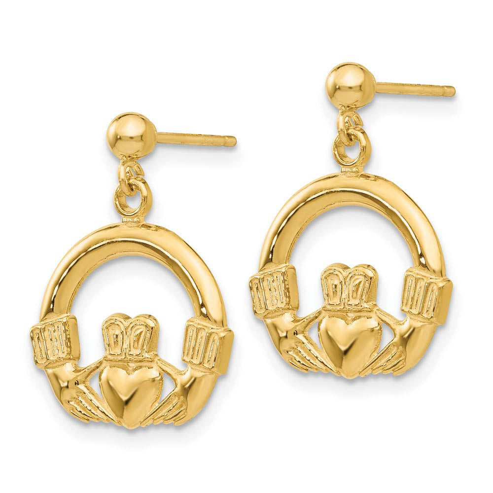 Alternate view of the 13mm Dangling Claddagh Post Earrings in 14k Yellow Gold by The Black Bow Jewelry Co.
