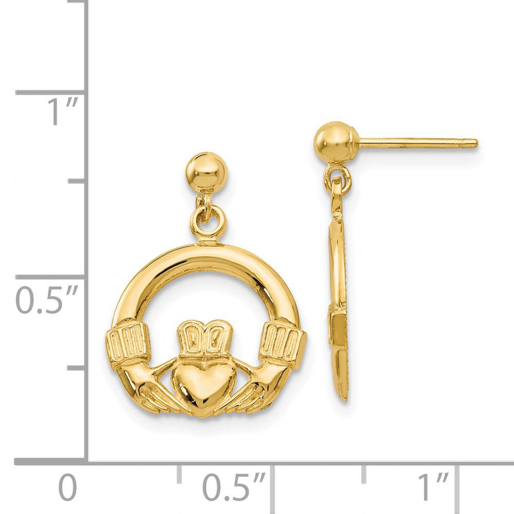 Alternate view of the 13mm Dangling Claddagh Post Earrings in 14k Yellow Gold by The Black Bow Jewelry Co.