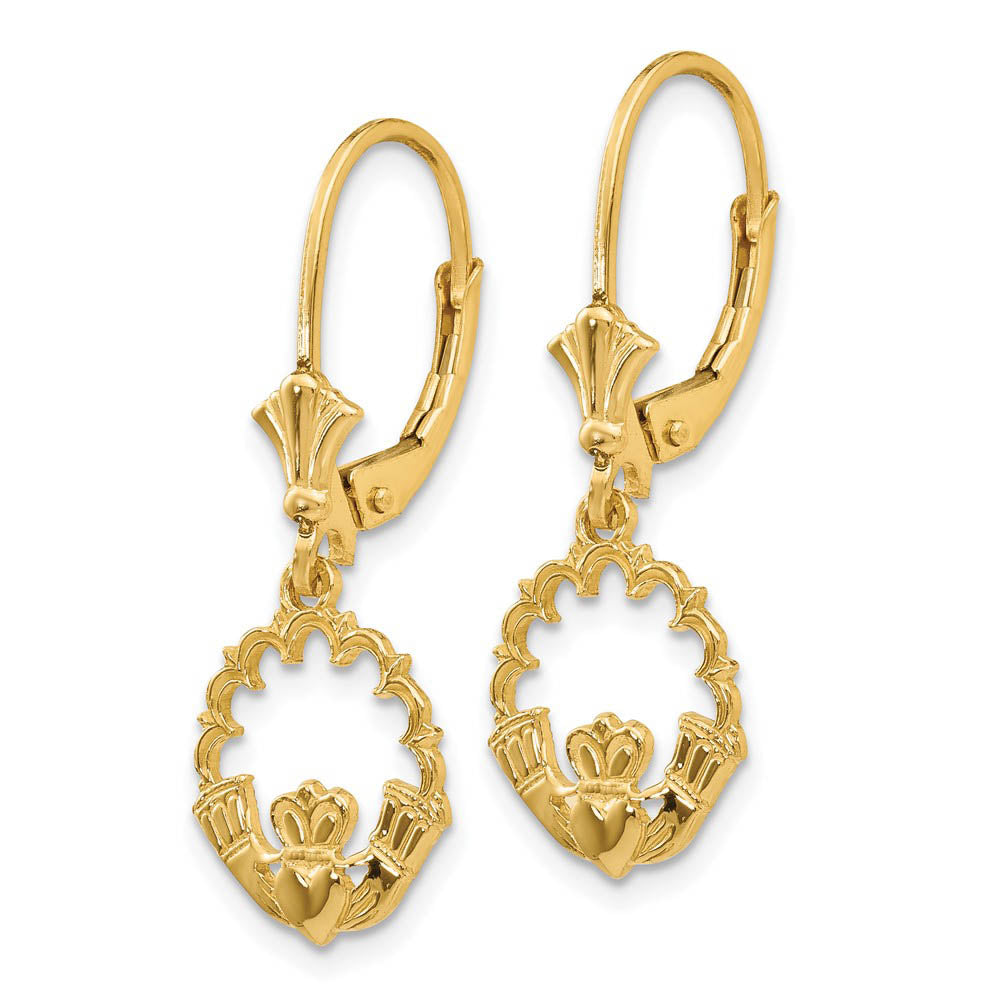 Alternate view of the 10mm Scalloped Claddagh Lever Back Earrings in 14k Yellow Gold by The Black Bow Jewelry Co.