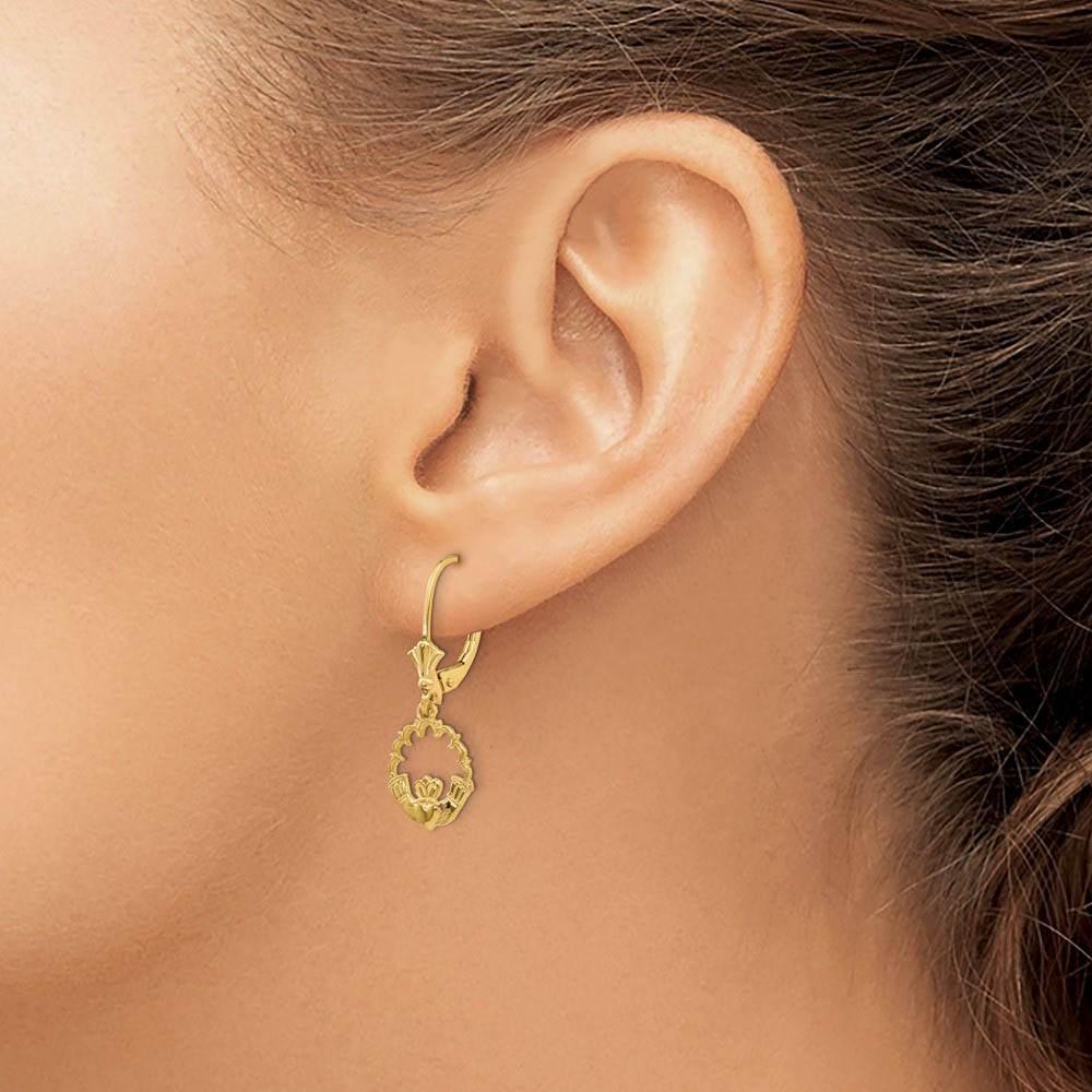Alternate view of the 10mm Scalloped Claddagh Lever Back Earrings in 14k Yellow Gold by The Black Bow Jewelry Co.