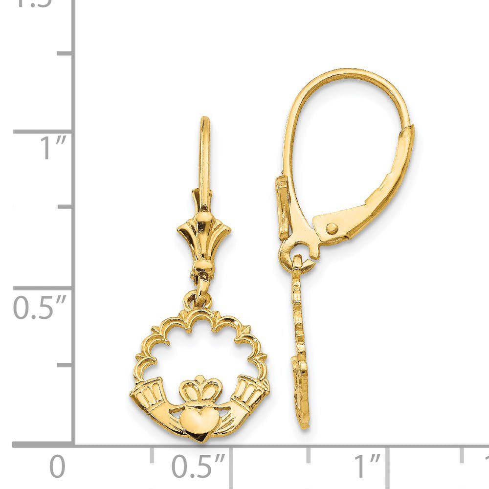 Alternate view of the 10mm Scalloped Claddagh Lever Back Earrings in 14k Yellow Gold by The Black Bow Jewelry Co.