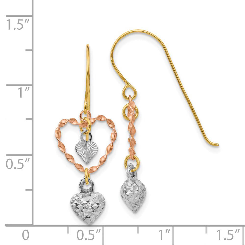 Alternate view of the Tri-Color Triple Heart Dangle Earrings in 14k Gold by The Black Bow Jewelry Co.