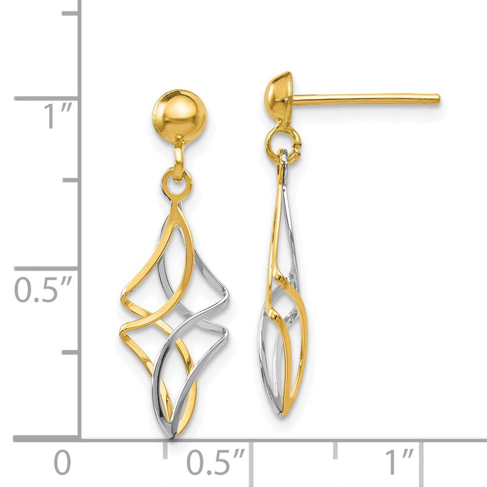 Alternate view of the Two Tone Twisted Dangle Post Earrings in 14k Yellow and White Gold by The Black Bow Jewelry Co.