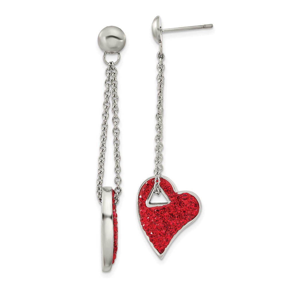 Red Crystal Heart Post Dangle Earrings in Stainless Steel, Item E10688 by The Black Bow Jewelry Co.