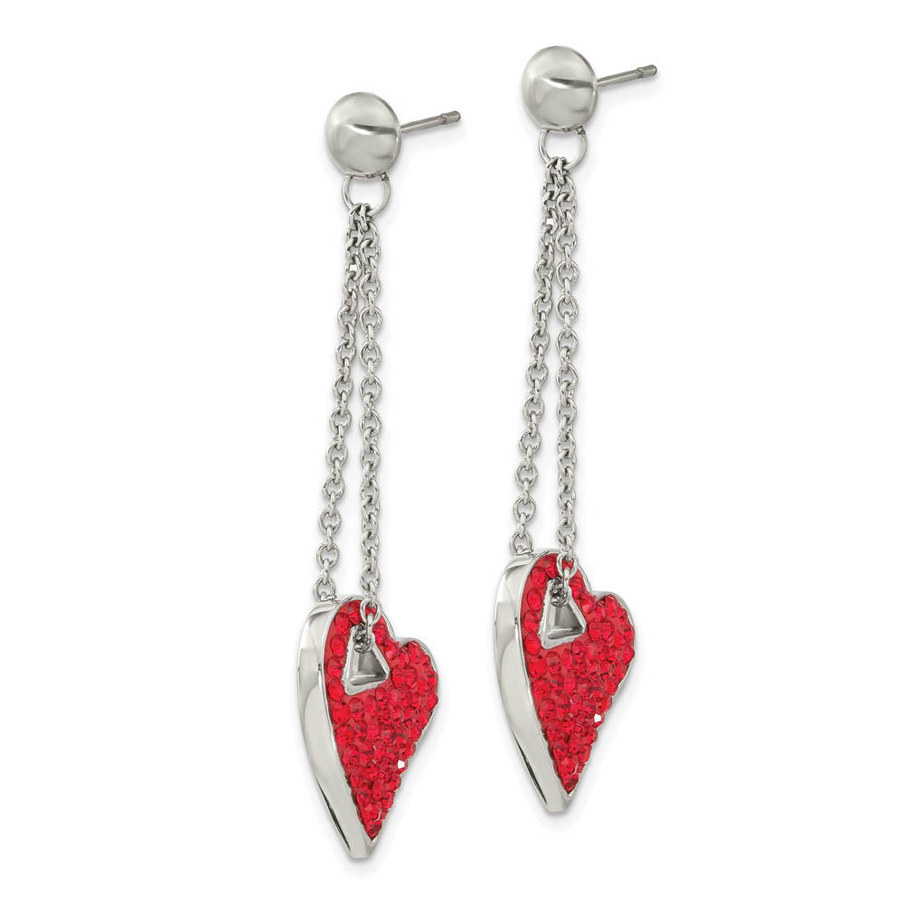 Alternate view of the Red Crystal Heart Post Dangle Earrings in Stainless Steel by The Black Bow Jewelry Co.