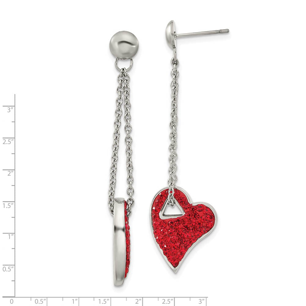Alternate view of the Red Crystal Heart Post Dangle Earrings in Stainless Steel by The Black Bow Jewelry Co.