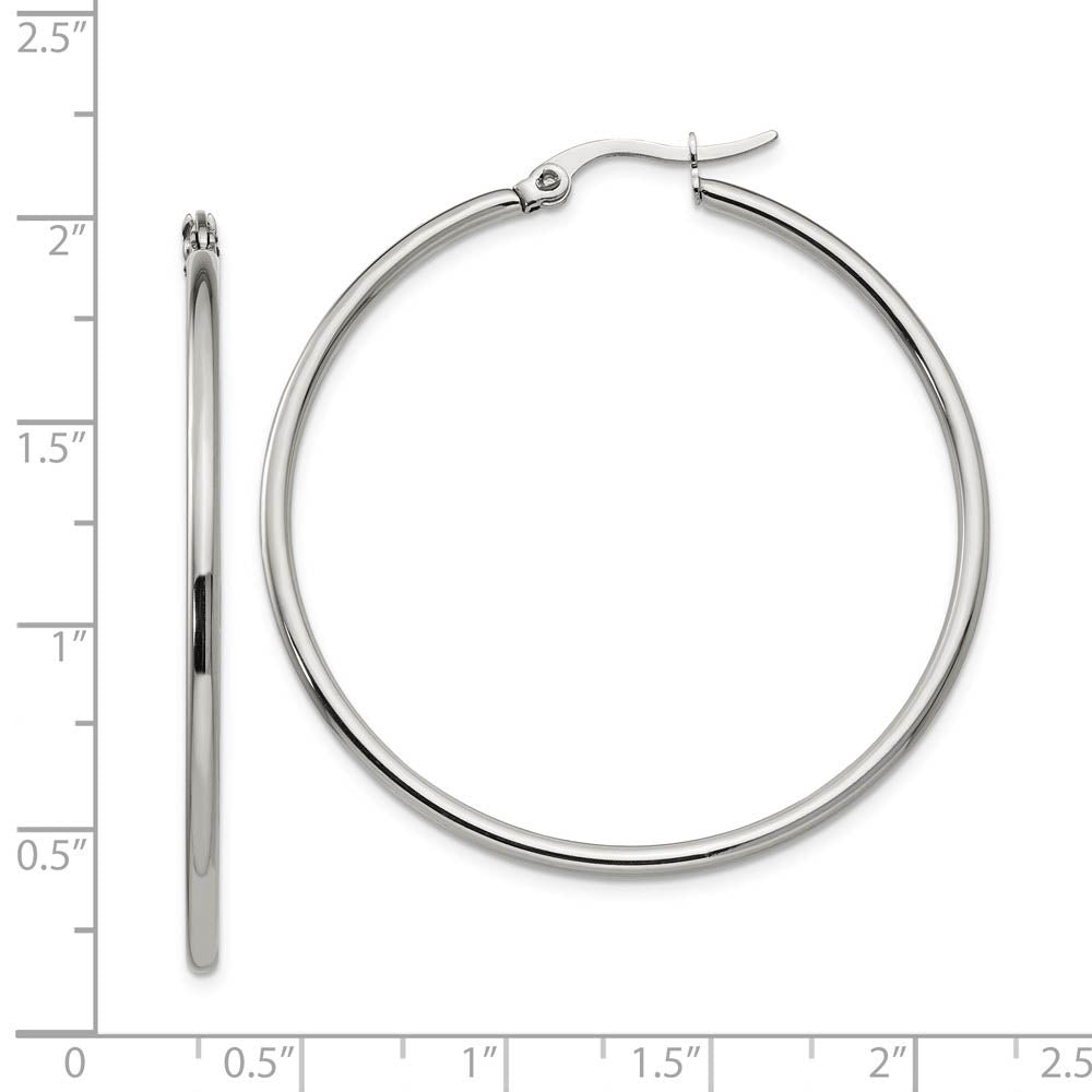 Alternate view of the 2mm Stainless Steel Classic Round Hoop Earrings - 44.5mm (1 3/4 Inch) by The Black Bow Jewelry Co.