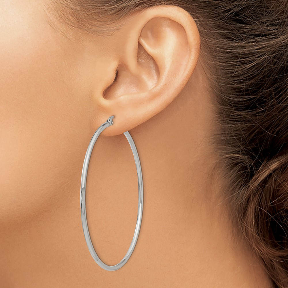 Alternate view of the 2mm Stainless Steel Classic Round Hoop Earrings - 60mm (2 3/8 Inch) by The Black Bow Jewelry Co.