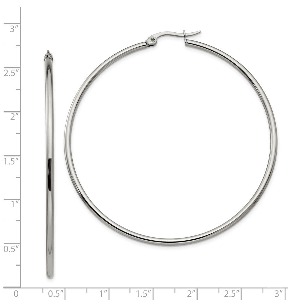 Alternate view of the 2mm Stainless Steel Classic Round Hoop Earrings - 60mm (2 3/8 Inch) by The Black Bow Jewelry Co.