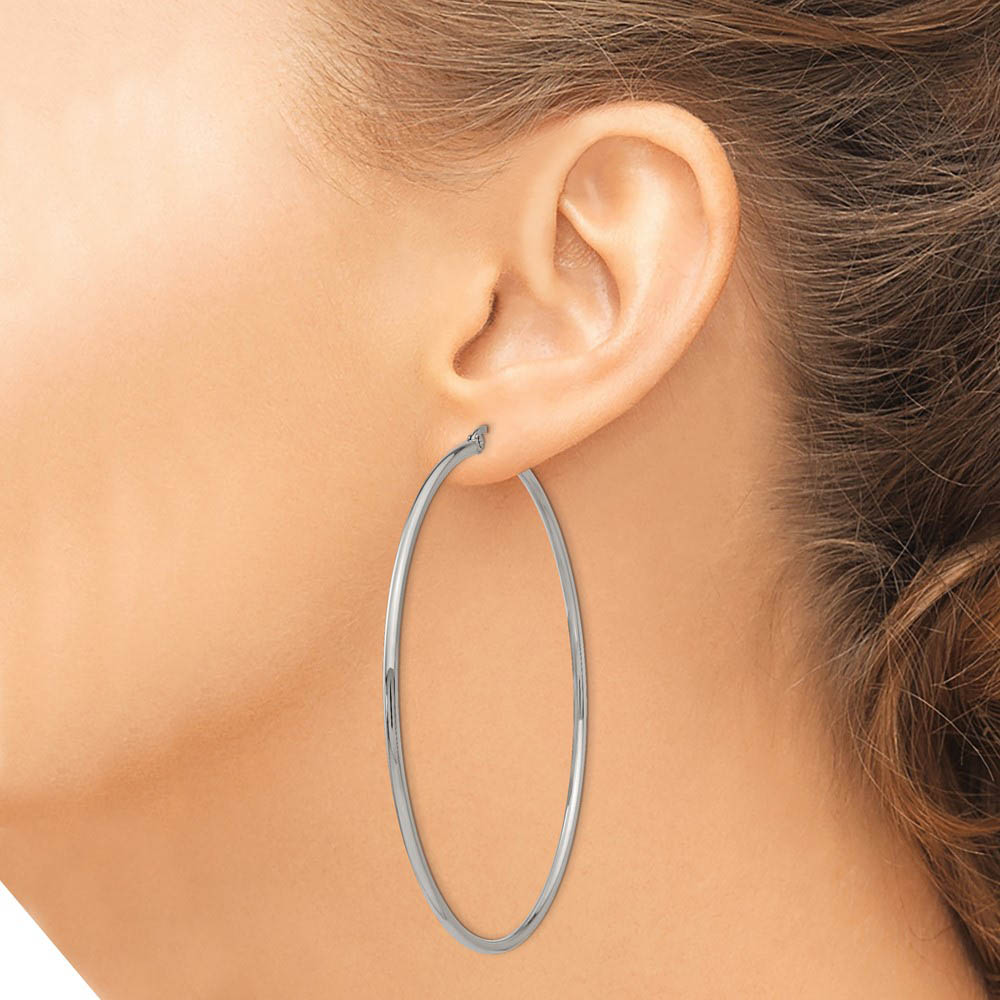 Alternate view of the 2mm Stainless Steel Classic Round Hoop Earrings - 70mm (2 3/4 Inch) by The Black Bow Jewelry Co.