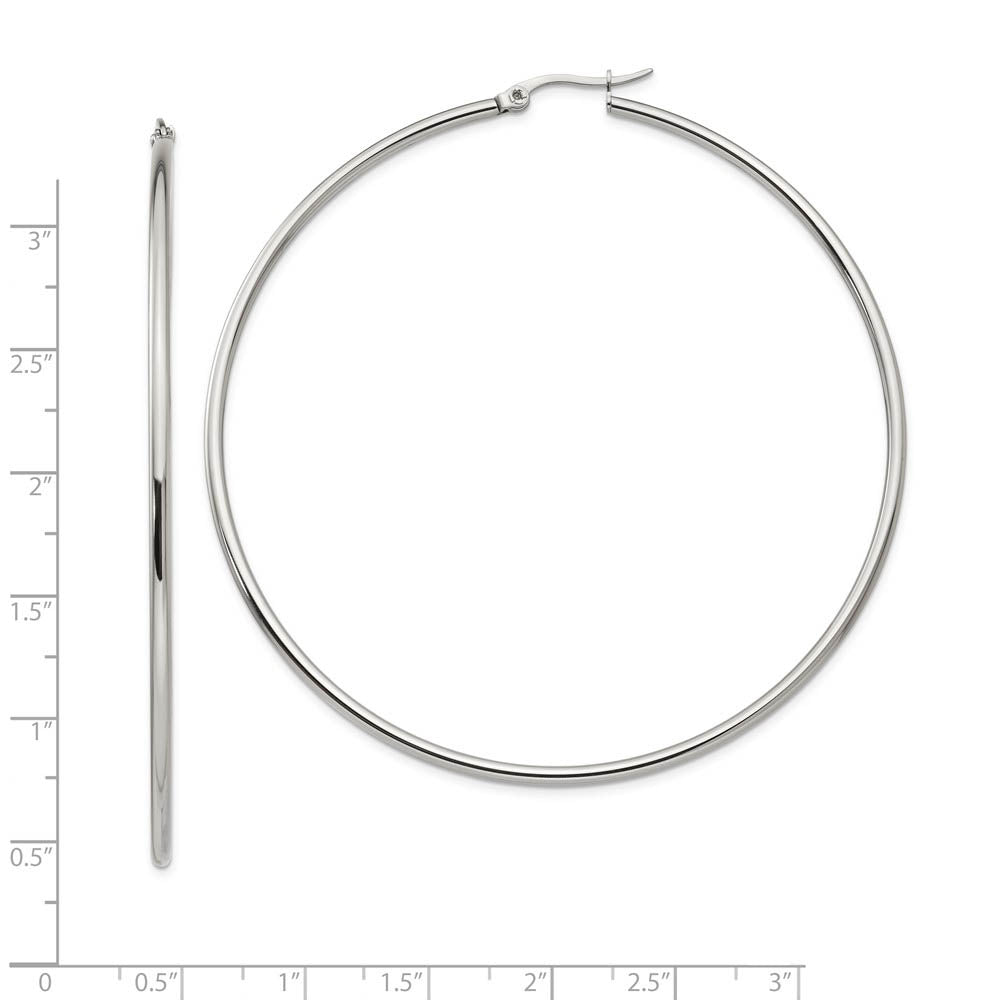 Alternate view of the 2mm Stainless Steel Classic Round Hoop Earrings - 70mm (2 3/4 Inch) by The Black Bow Jewelry Co.