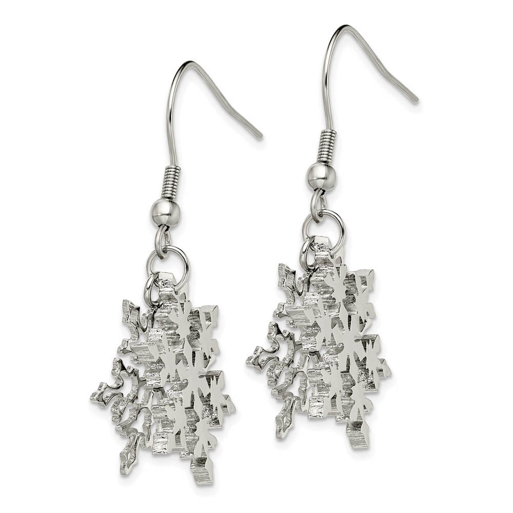 Alternate view of the 22mm Polished Snowflake Dangle Earrings in Stainless Steel by The Black Bow Jewelry Co.