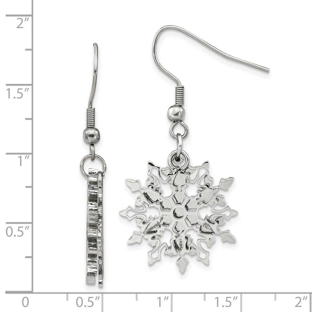 Alternate view of the 22mm Polished Snowflake Dangle Earrings in Stainless Steel by The Black Bow Jewelry Co.