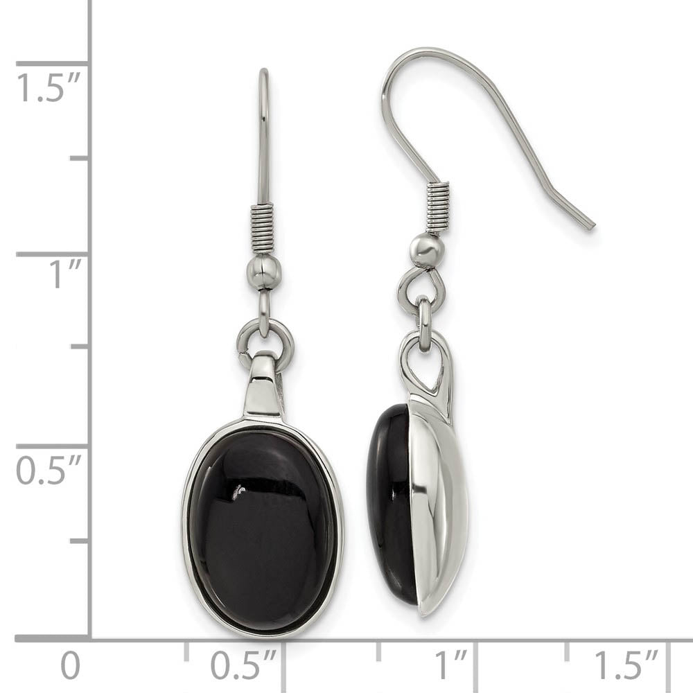 Alternate view of the Black Agate Oval Cabochon Dangle Earrings in Stainless Steel by The Black Bow Jewelry Co.