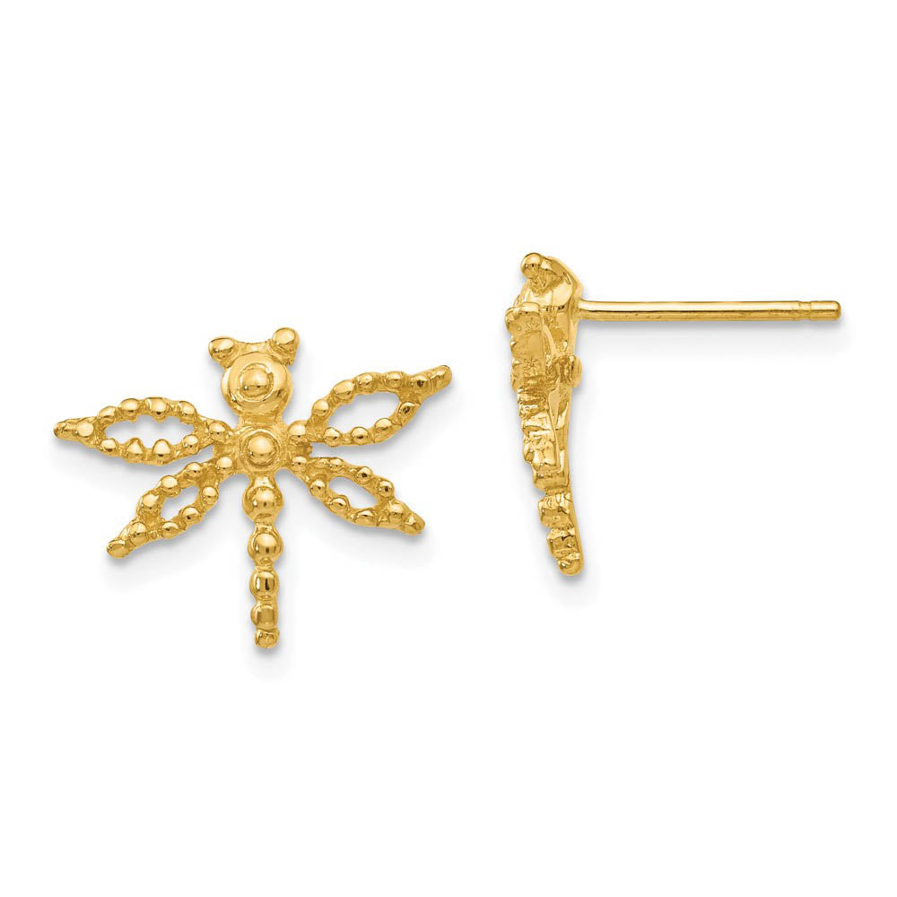 Petite Textured Dragonfly Post Earrings in 14k Yellow Gold, Item E10774 by The Black Bow Jewelry Co.
