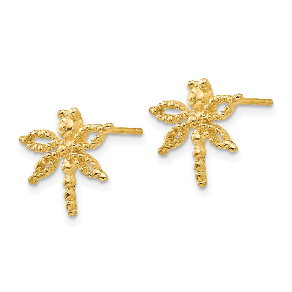 Alternate view of the Petite Textured Dragonfly Post Earrings in 14k Yellow Gold by The Black Bow Jewelry Co.