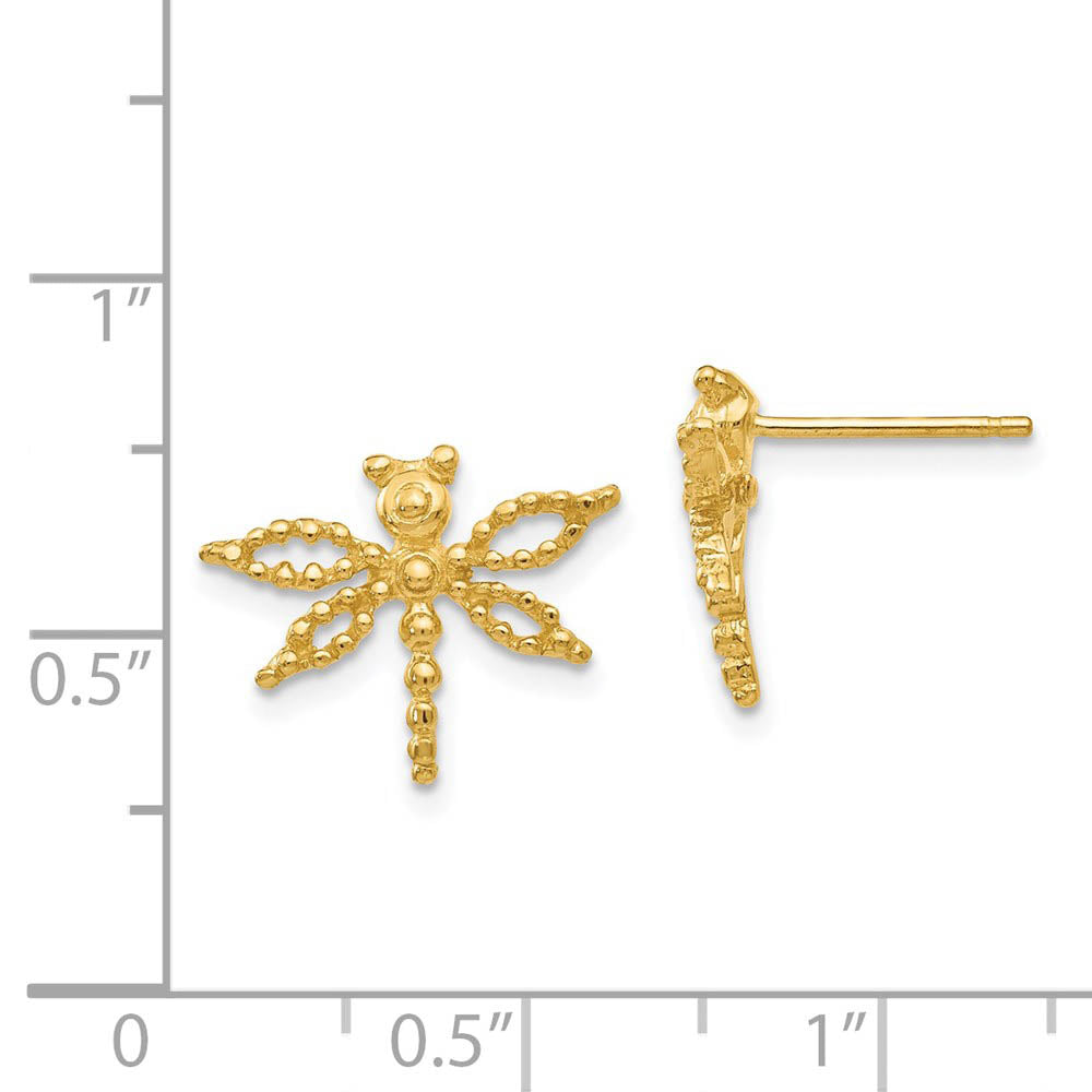 Alternate view of the Petite Textured Dragonfly Post Earrings in 14k Yellow Gold by The Black Bow Jewelry Co.