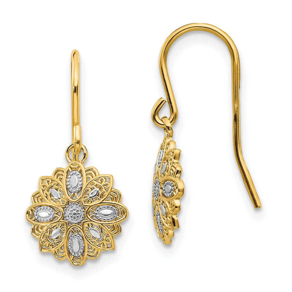 10mm Floral Dangle Earrings in 14k Yellow Gold and White Rhodium, Item E10776 by The Black Bow Jewelry Co.