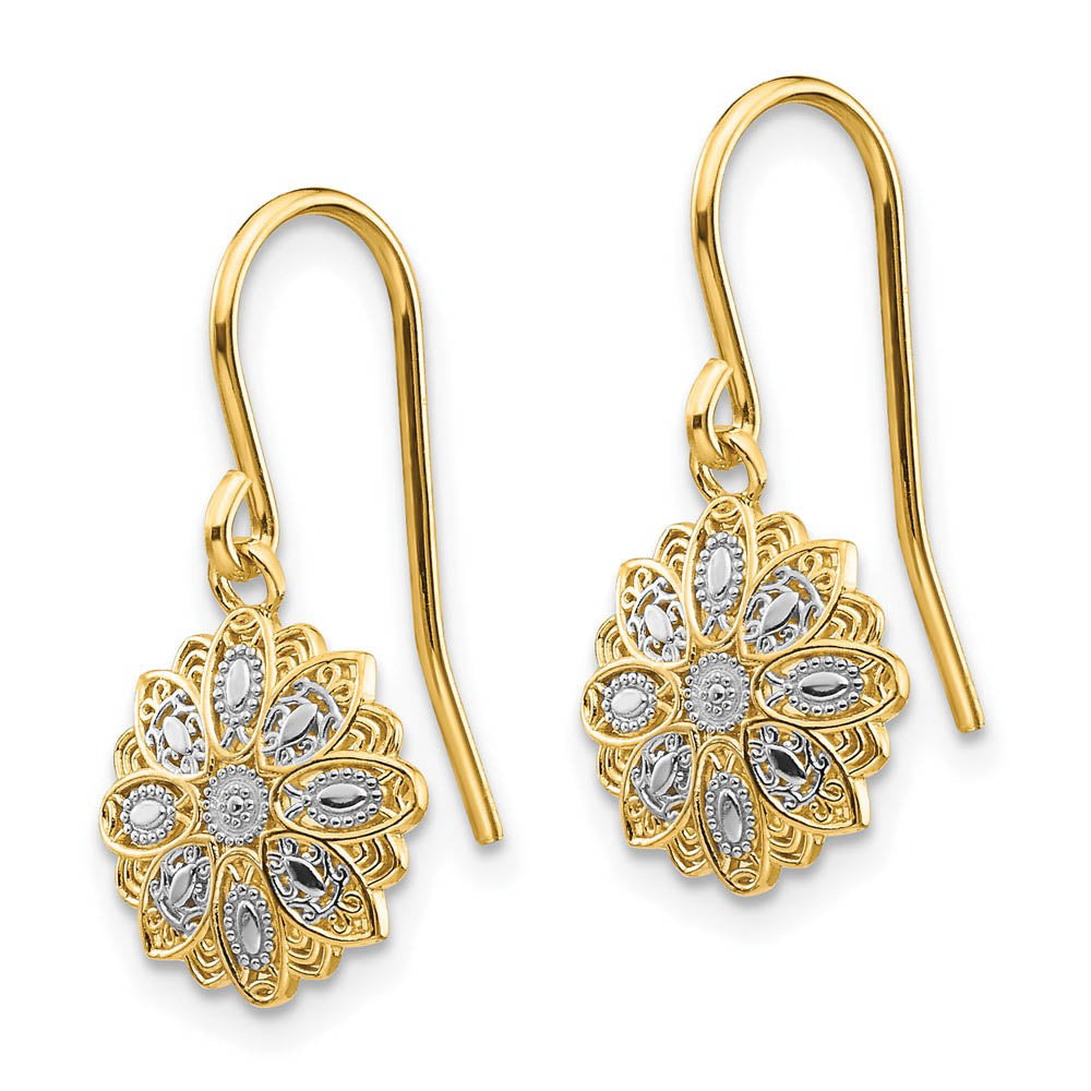 Alternate view of the 10mm Floral Dangle Earrings in 14k Yellow Gold and White Rhodium by The Black Bow Jewelry Co.