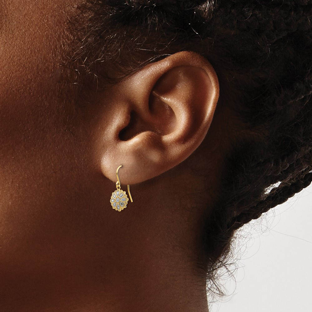 Alternate view of the 10mm Floral Dangle Earrings in 14k Yellow Gold and White Rhodium by The Black Bow Jewelry Co.