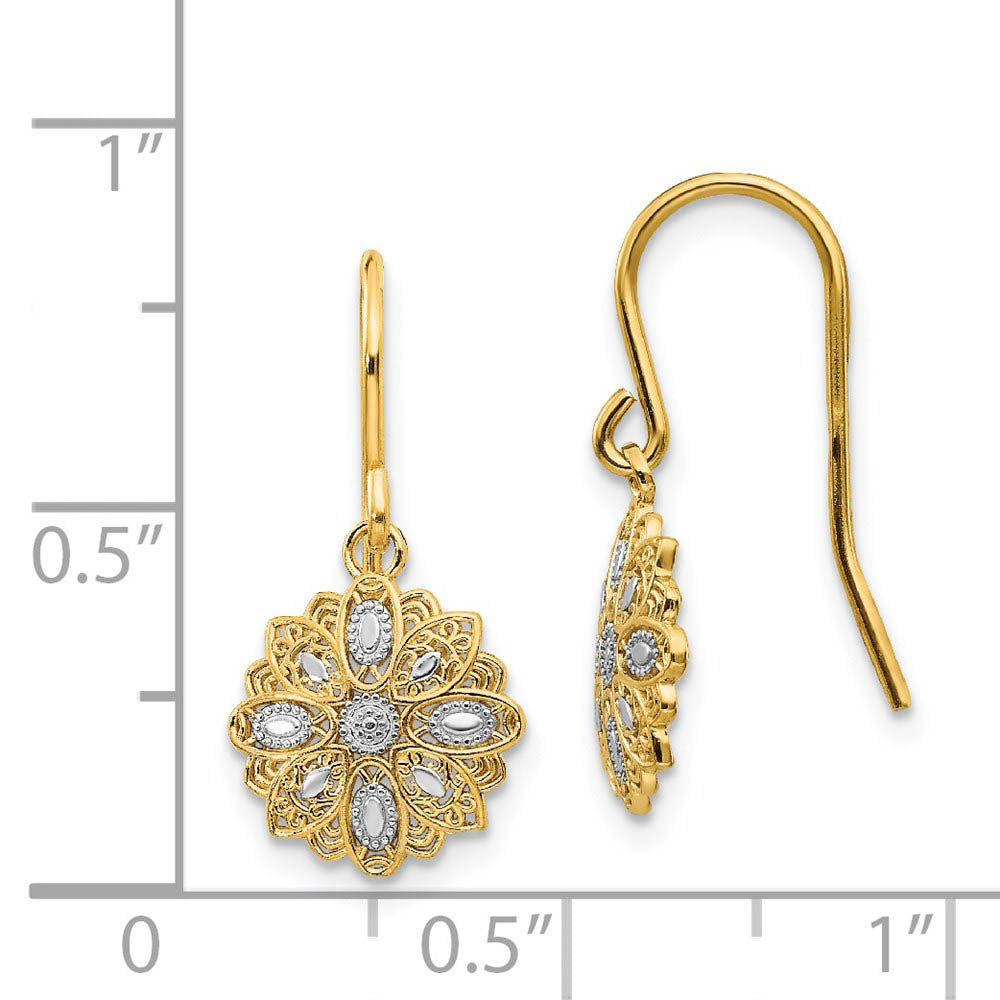 Alternate view of the 10mm Floral Dangle Earrings in 14k Yellow Gold and White Rhodium by The Black Bow Jewelry Co.