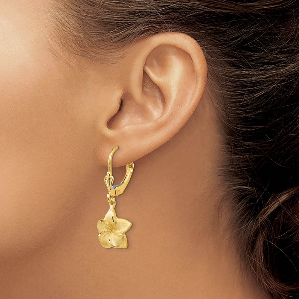 Alternate view of the 11mm Satin and Diamond Cut Plumeria Dangle Earrings in 14k Yellow Gold by The Black Bow Jewelry Co.