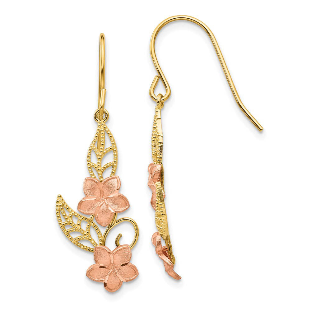 Two Tone Double Plumeria Dangle Earrings in 14k Yellow and Rose Gold, Item E10783 by The Black Bow Jewelry Co.
