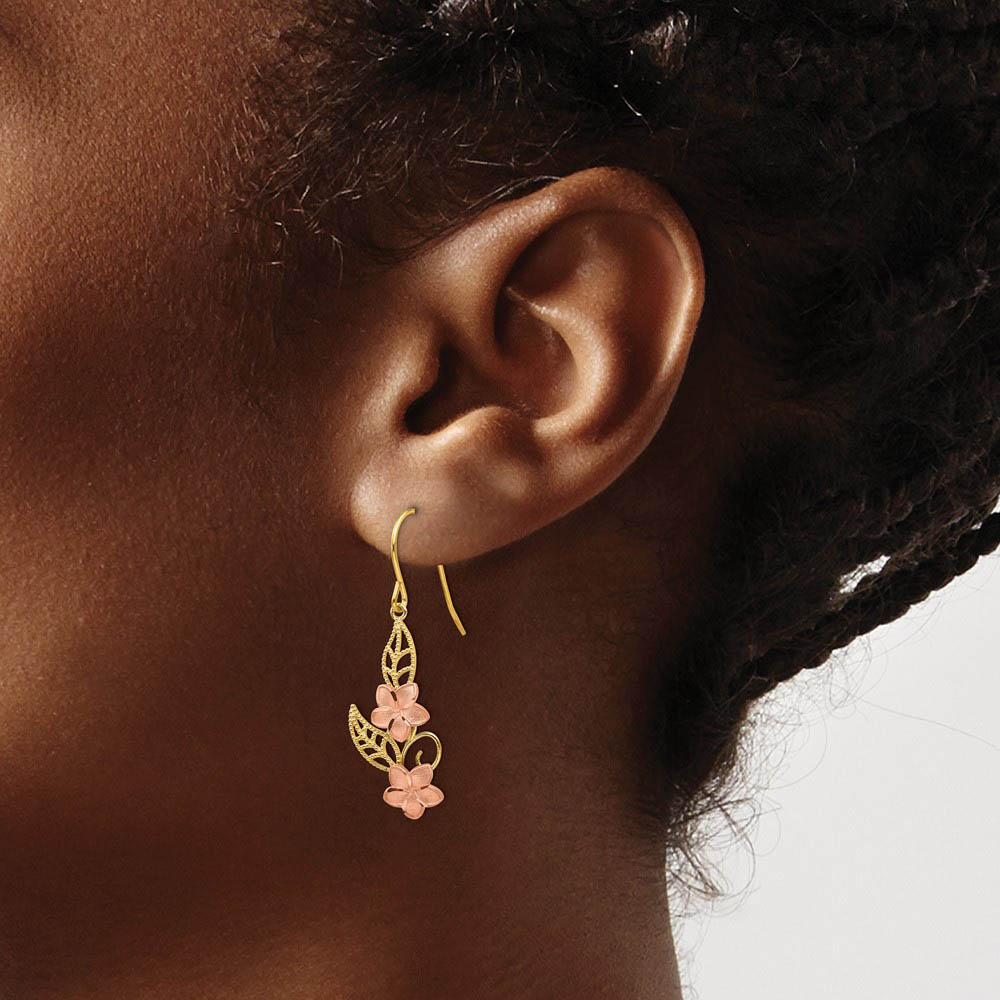 Alternate view of the Two Tone Double Plumeria Dangle Earrings in 14k Yellow and Rose Gold by The Black Bow Jewelry Co.