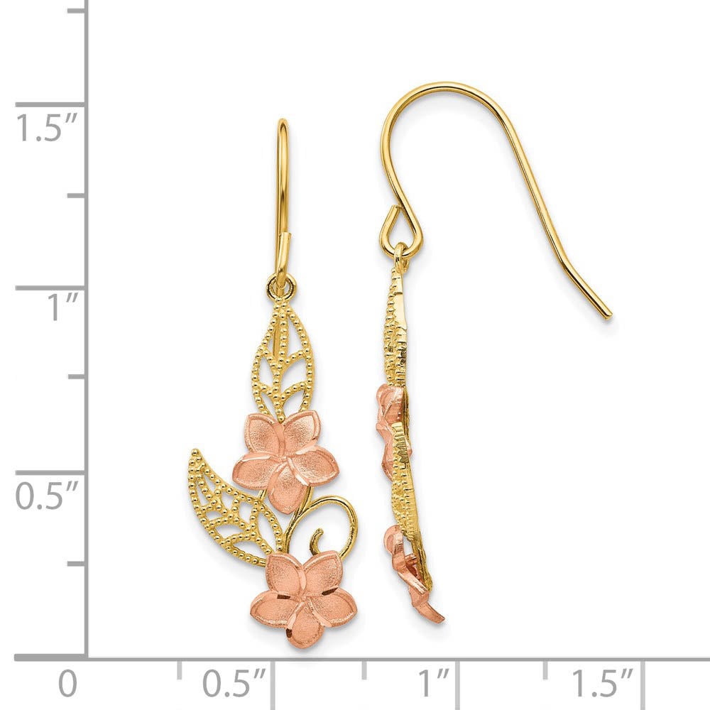 Alternate view of the Two Tone Double Plumeria Dangle Earrings in 14k Yellow and Rose Gold by The Black Bow Jewelry Co.