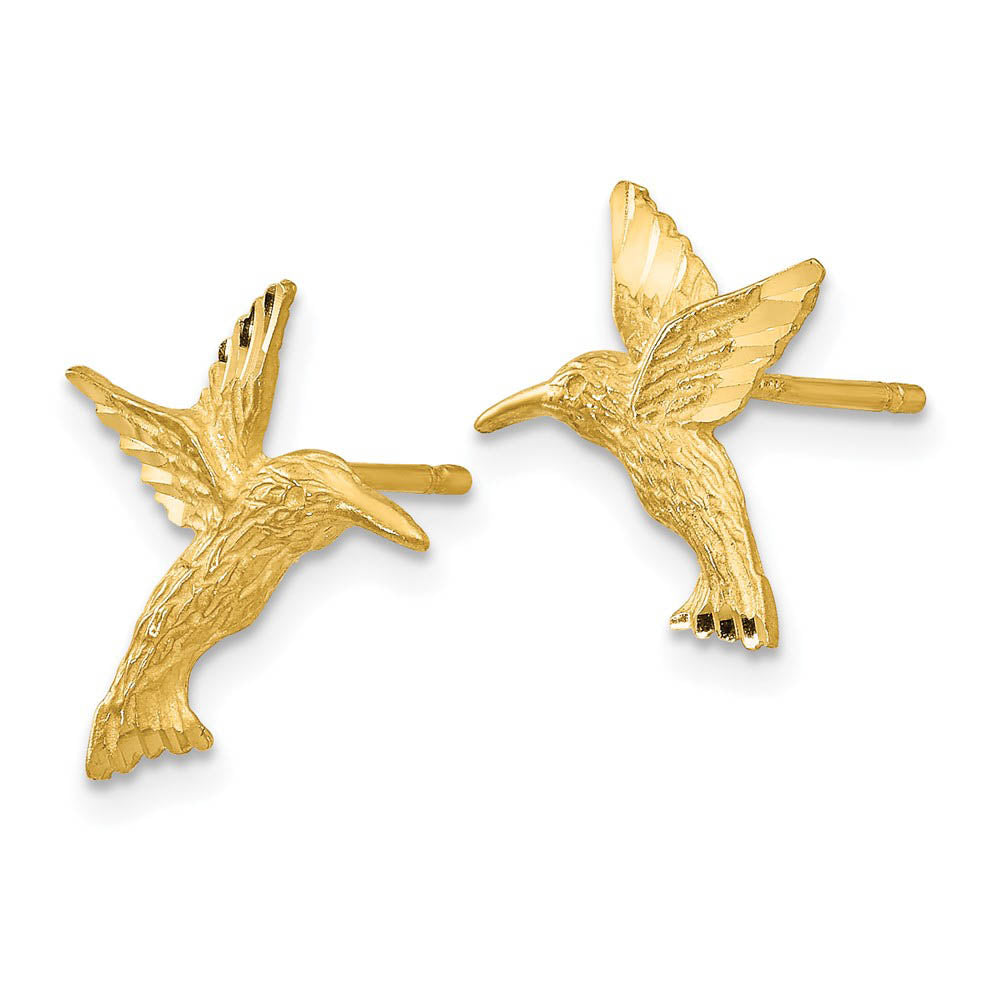 Alternate view of the 13mm Satin Hummingbird Post Earrings in 14k Yellow Gold by The Black Bow Jewelry Co.