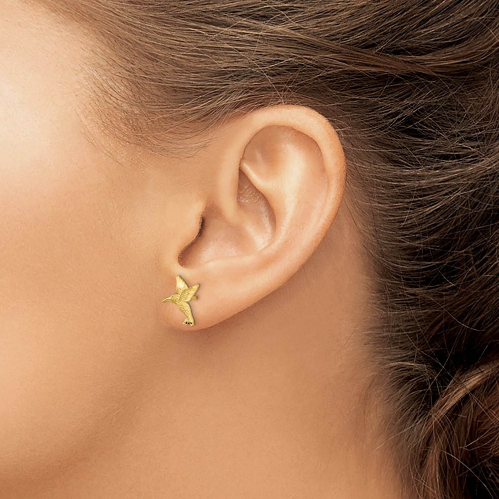 Alternate view of the 13mm Satin Hummingbird Post Earrings in 14k Yellow Gold by The Black Bow Jewelry Co.