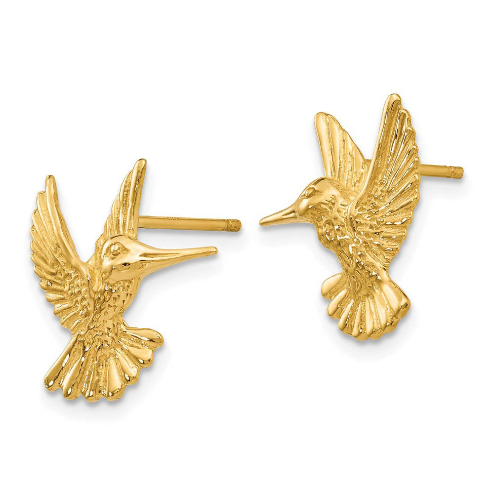 Alternate view of the 14mm Polished Hummingbird Post Earrings in 14k Yellow Gold by The Black Bow Jewelry Co.
