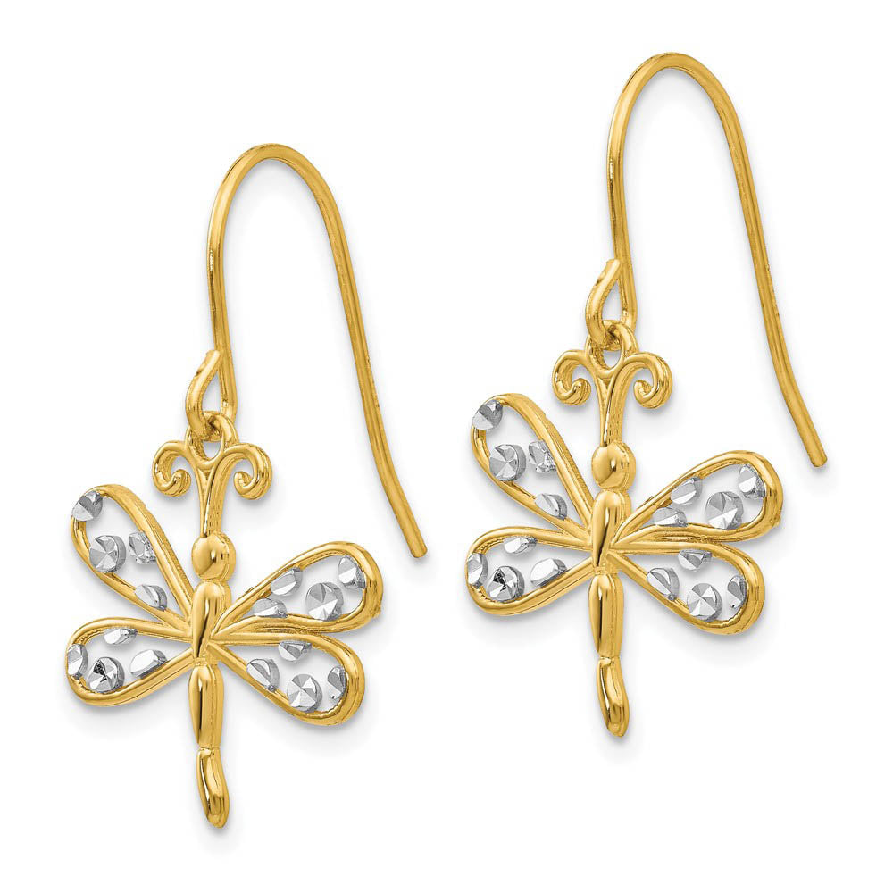 Alternate view of the 15mm Two Tone Dragonfly Dangle Earrings in 14k Gold by The Black Bow Jewelry Co.