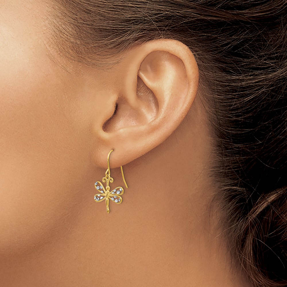 Alternate view of the 15mm Two Tone Dragonfly Dangle Earrings in 14k Gold by The Black Bow Jewelry Co.
